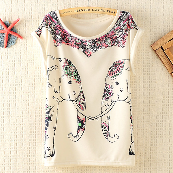 Cute Elephants Print Shirt With Flora Details