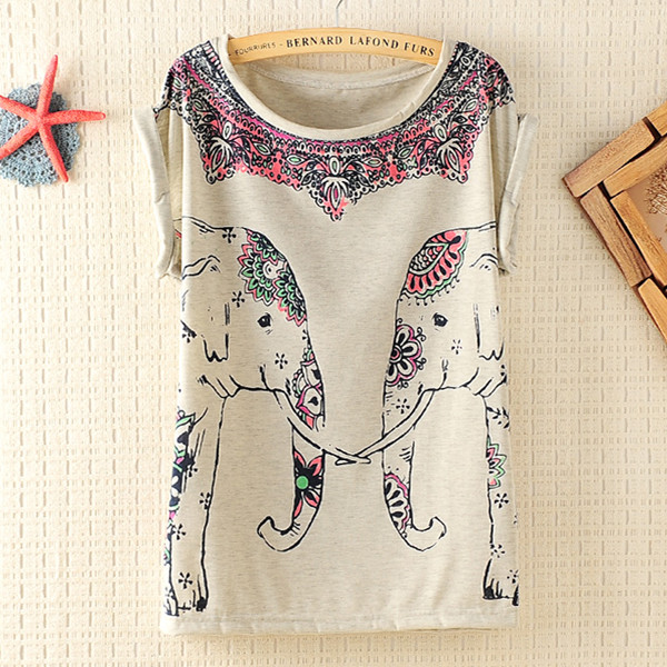 Cute Elephants Print Shirt With Flora Details on Luulla
